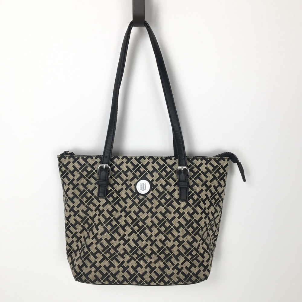 Tommy Hilfiger black tan patterned two strap purse